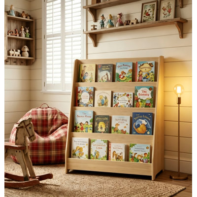 CPC Certified Kids Bookcase, 4-Tier Child Open Front Book Display Rack, Toddler Storage Organizer for Nursery Play Area Classroom, Natural Wood Tone