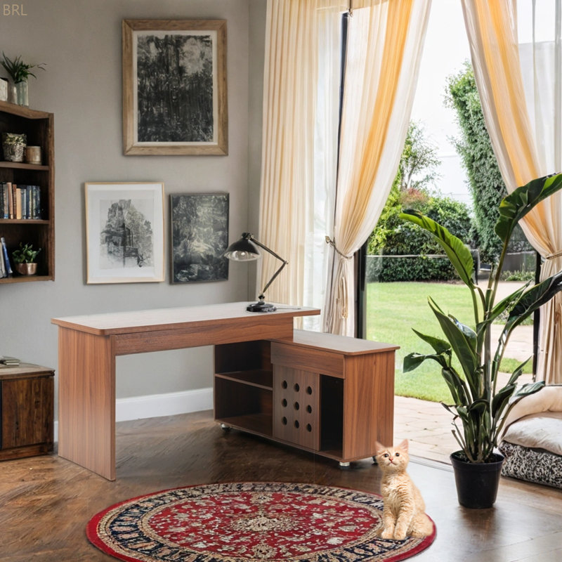 55.1''L, Home Office L-Shaped Versatile Desk Height Adjustable Extendable Desk with Storage Drawers and Cabinet, Walnut