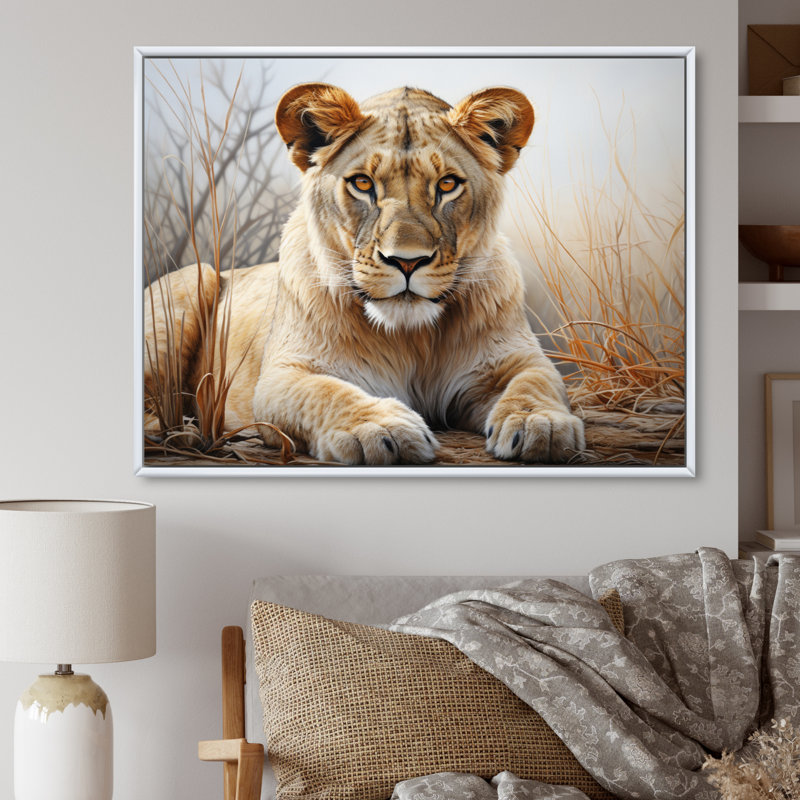 Lionne d'Afrique, puissance I - art mural africain pour le salon, H 30 po x l 40 po x P 1,5 po, Cadre flottant blanc