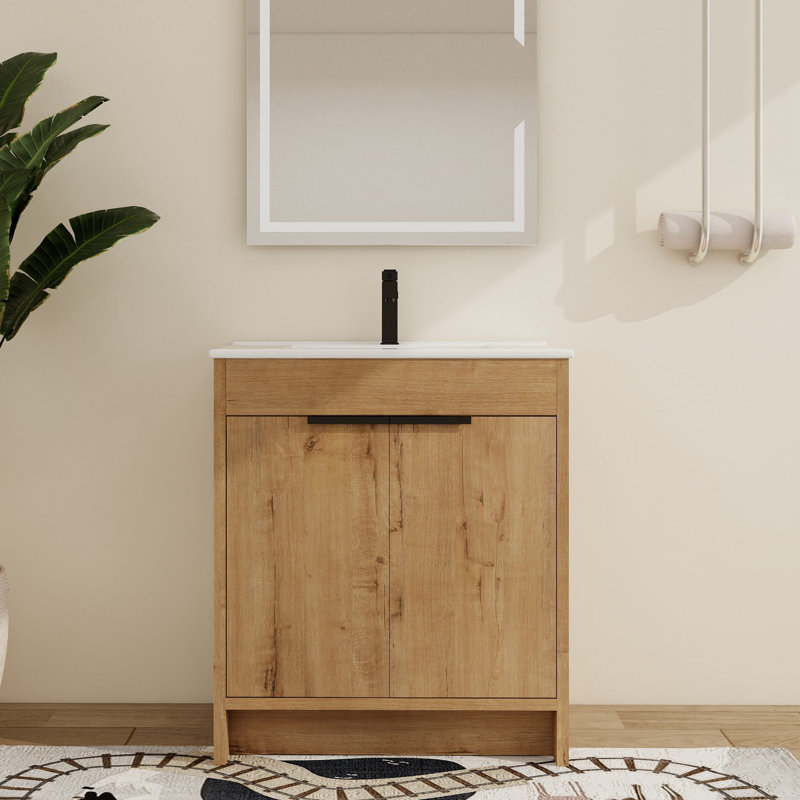 Beid 30"  Freestanding Bathroom Vanity with Sink, Floor Standing Vanity with 2 Doors, Ceramic Basin Sink Top, White, 30"