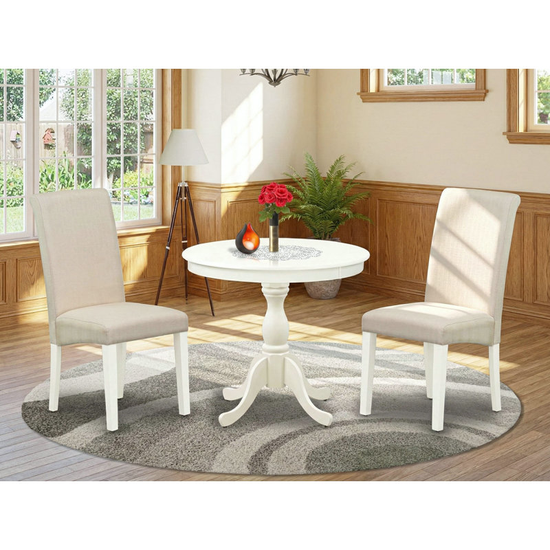 3 Piece Dining Room Set Includes 1 Pedestal Table and 2 Cream Linen Fabric Kitchen Chairs with High Back - linen white Finish