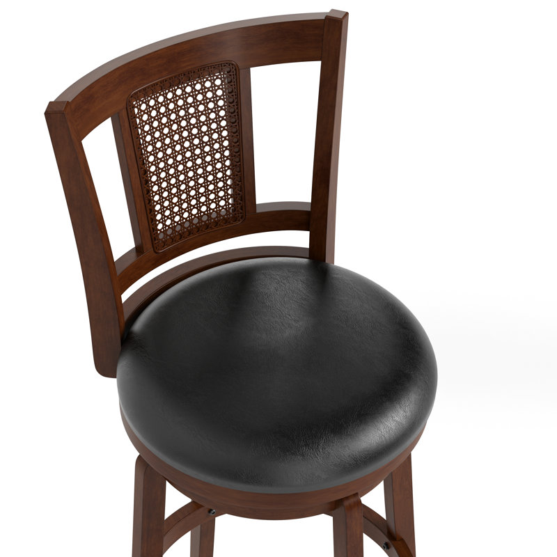 Avis 30" Traditional Bar Stool with Faux Leather Swivel Seat and Rattan Back Rubber Wood Frame (Set of 6), 6
