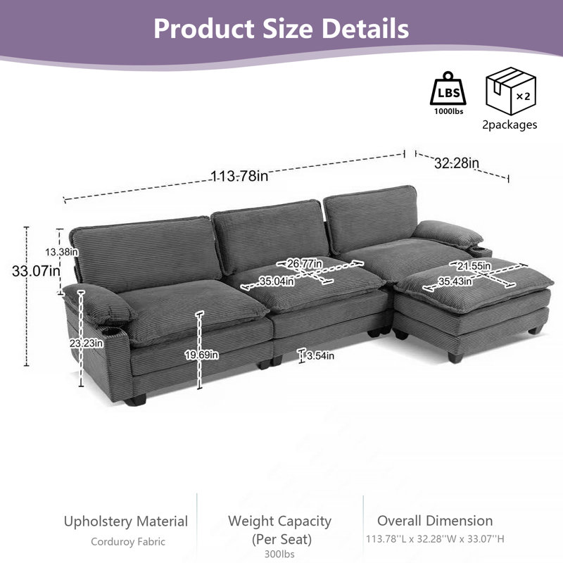 Canapé modulaire en forme de L de 113 po avec repose-pieds en velours côtelé de 113 po, canapé 3 + 1 places avec éponge à haute résilience 35D, porte-gobelets et sacs de rangement, coussin épais à double couche