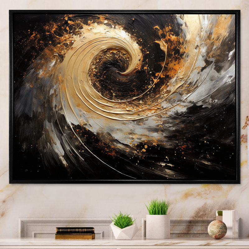 Celestial Contrast Spirals I - Décoration murale spirales abstraites, Cadre flottant noir, H 30 po x l 40 po x P 1,5 po