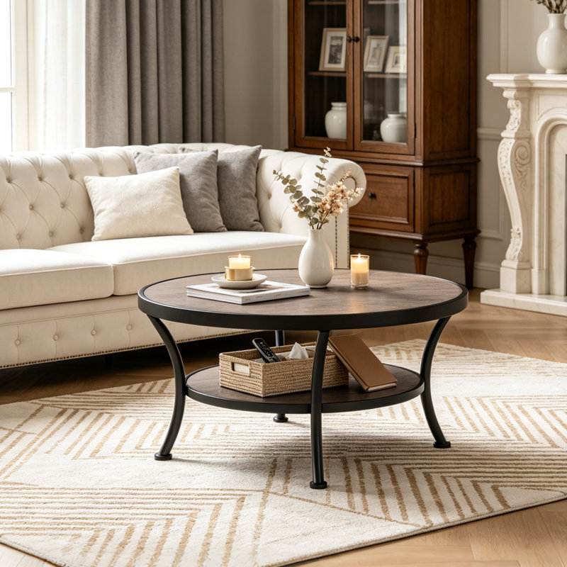 Aderes Round 2-Tier Coffee Table with Scalloped Edges, Brownish Gray/Black