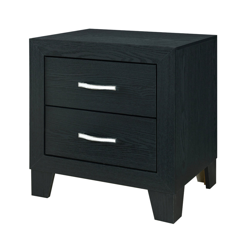 Table de chevet moderne avec accents noirs et 2 tiroirs, bois massif et finition