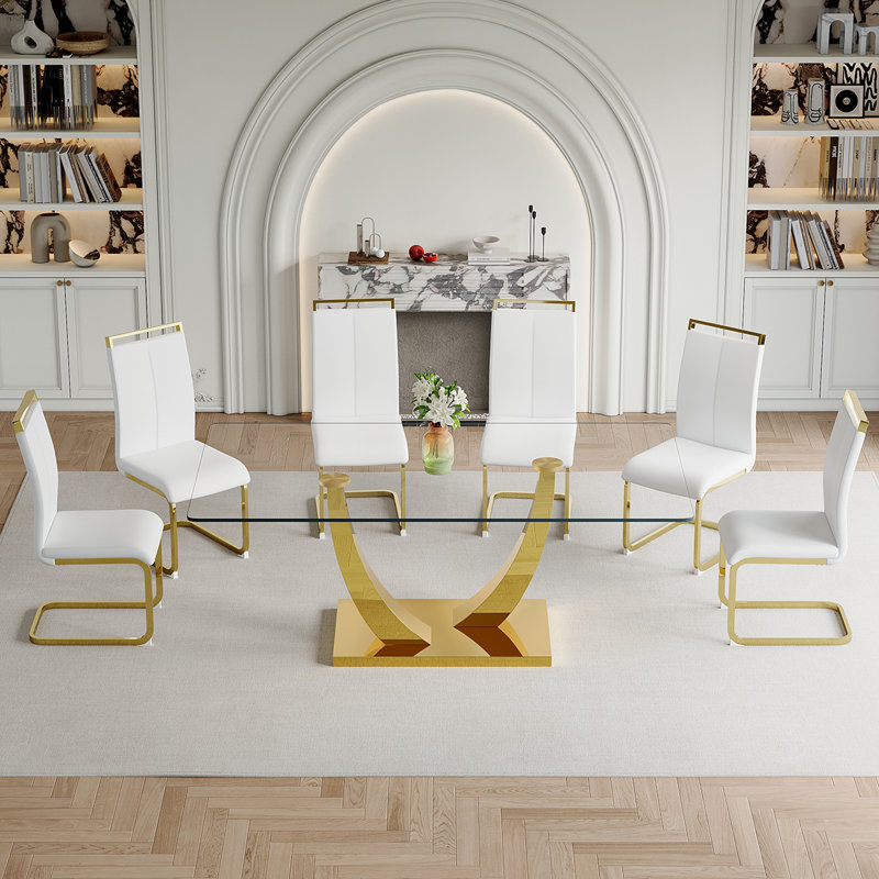 Glass Dining Table Set, White, 7
