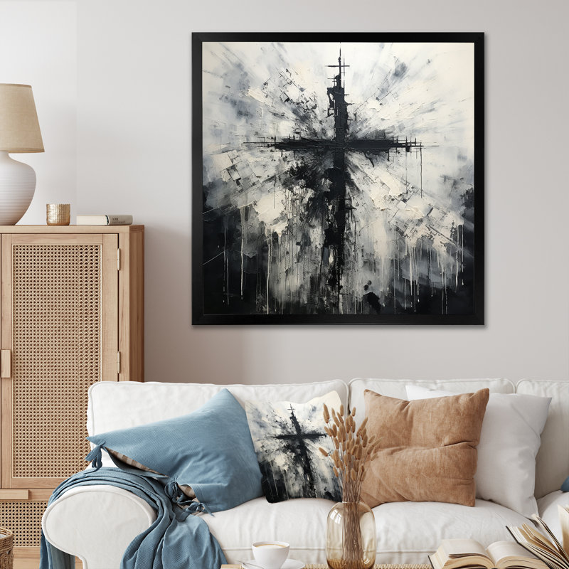 Minimalism Black And White Religious Cross - Christianity Wall Decor, 16" H x 16" W, Black Picture Framed