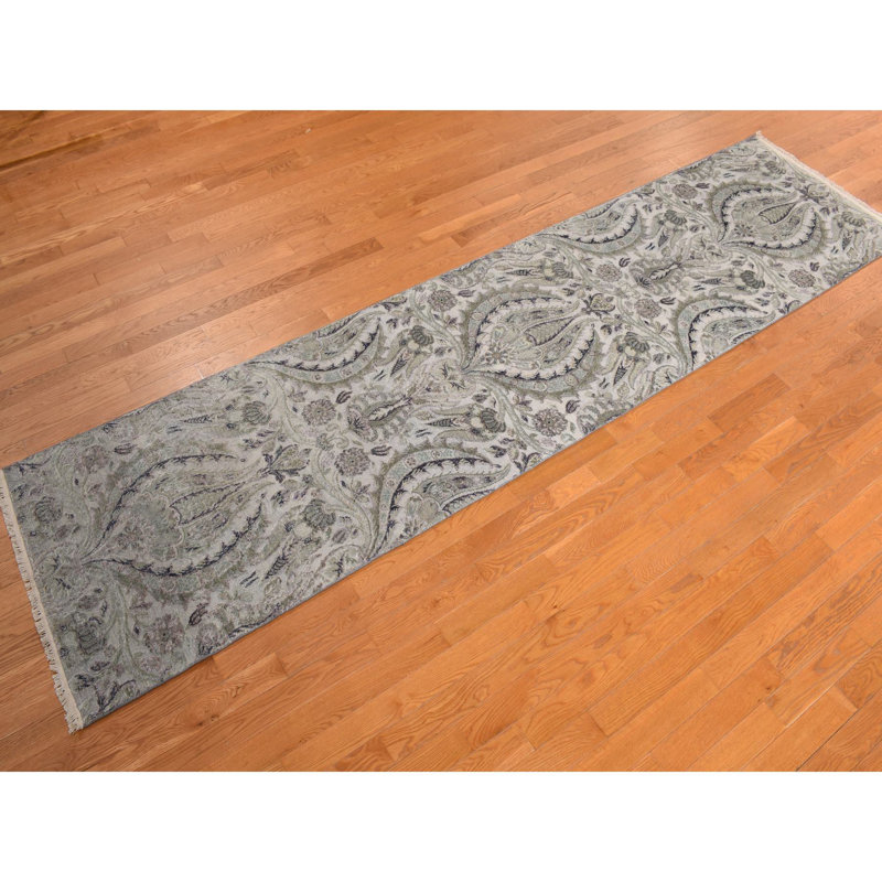 Tapis en soie noué à la main 3 pi 0 po x 11 pi 10 po