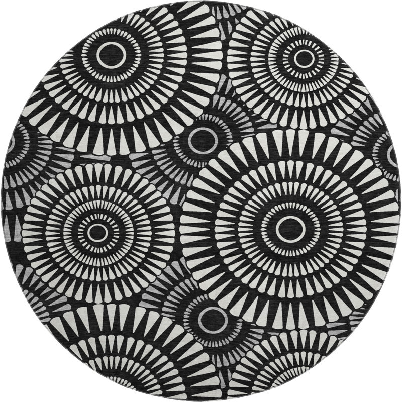 Premium Machine Washable Prisco Black Rug, Round 8'