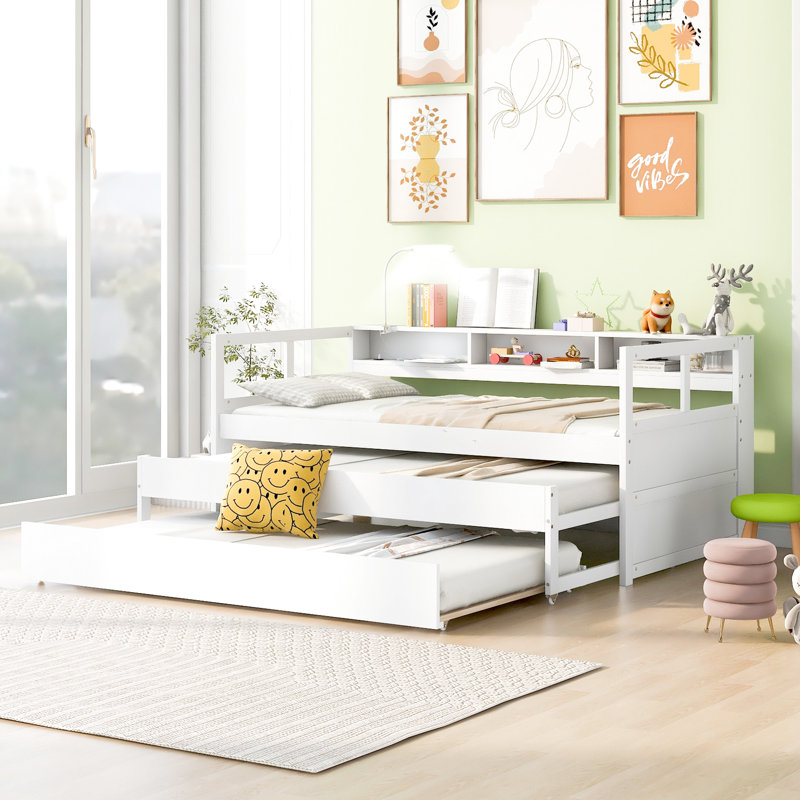Lit de jour simple TG en blanc, 2 lits gigognes, 3 rangements, charge et construction en bois robuste, lit de jour peu encombrant, solution
