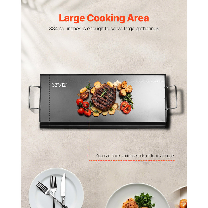Plaque de cuisson en acier au carbone 32 x 14 po avec surface plane, limite de température de 500 po, base renforcée en forme de X, bac à graisse et trou d'égouttement, parois latérales pour un revêtement de cuisson sécuritaire, peut atteindre 500 po,