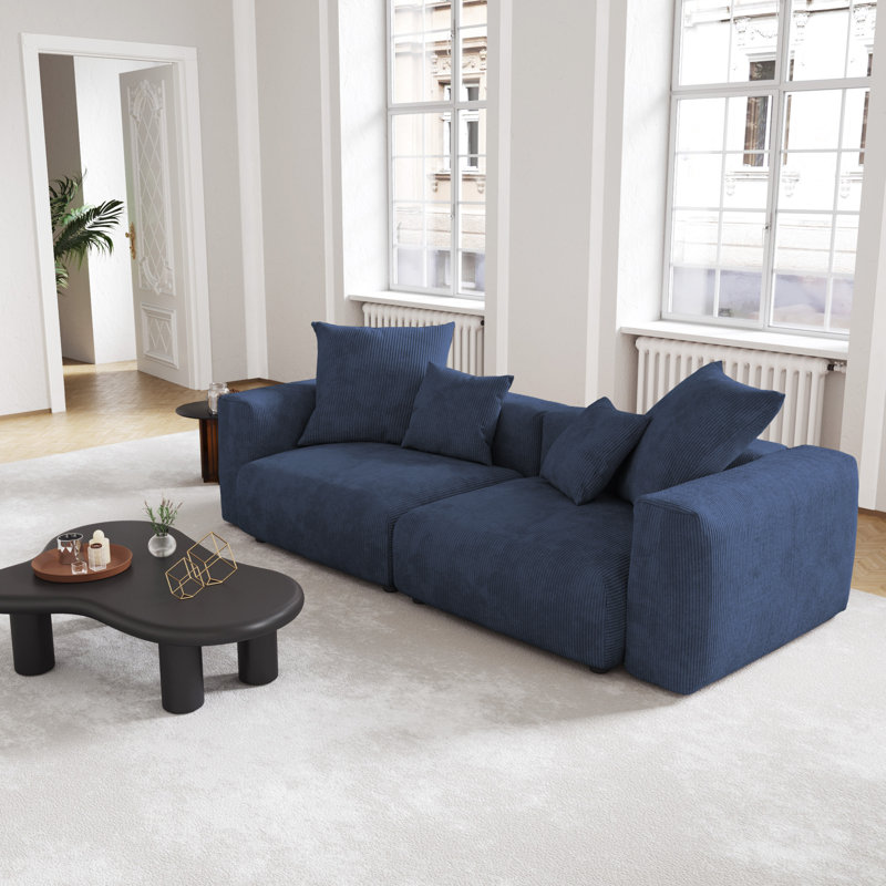 Canapé à accoudoirs carrés en velours côtelé l 102,36 po Nikodemos, Bleu