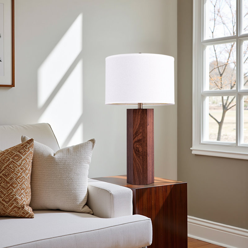 29'' Tall Wood Table Lamp with Linen Shade, 29" H x 15" W x 15" D, Beige