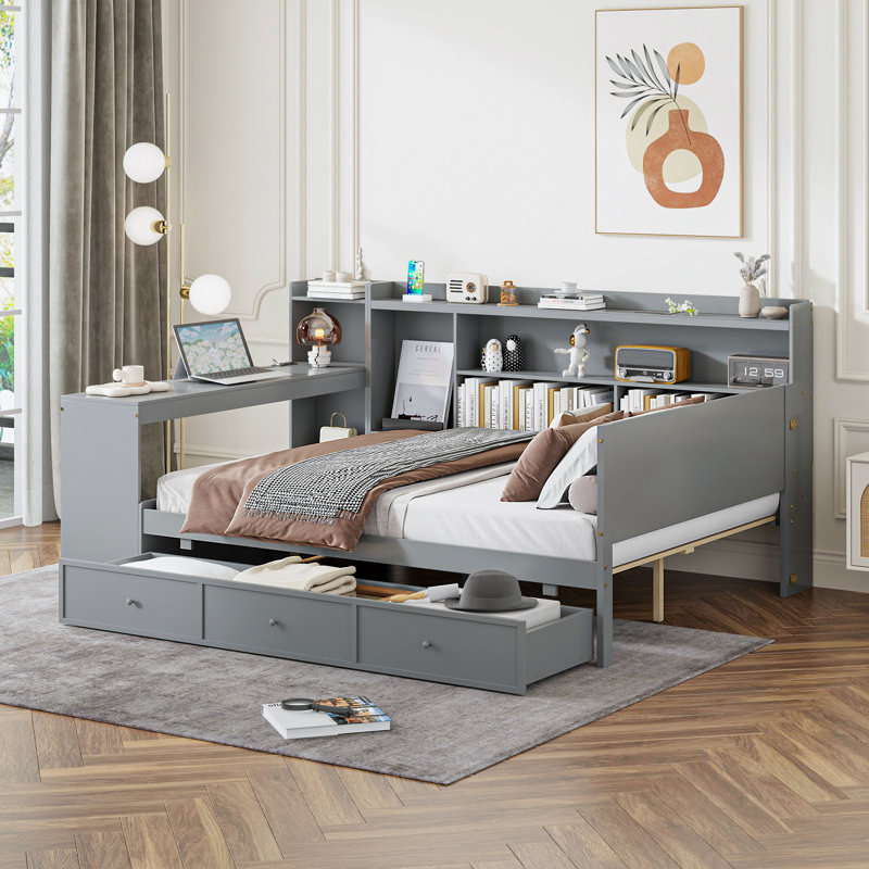 Full Size Wooden Daybed With 3 Drawers, USB Ports And Desk , Gray, Gray