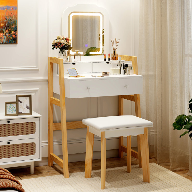 Ensemble de meuble-lavabo avec miroir à 3 lumières DEL tiroirs avec pieds en bois de pin massif blanc