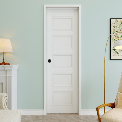 Porte pré-suspendue intérieure moulée 24 panneaux x 24 po à 5 panneaux avec bouton rond et charnières noires, dalle de porte unie, peignable et imperméable, combinaison pour la lessive, portes de placard, portes de pièce, droite