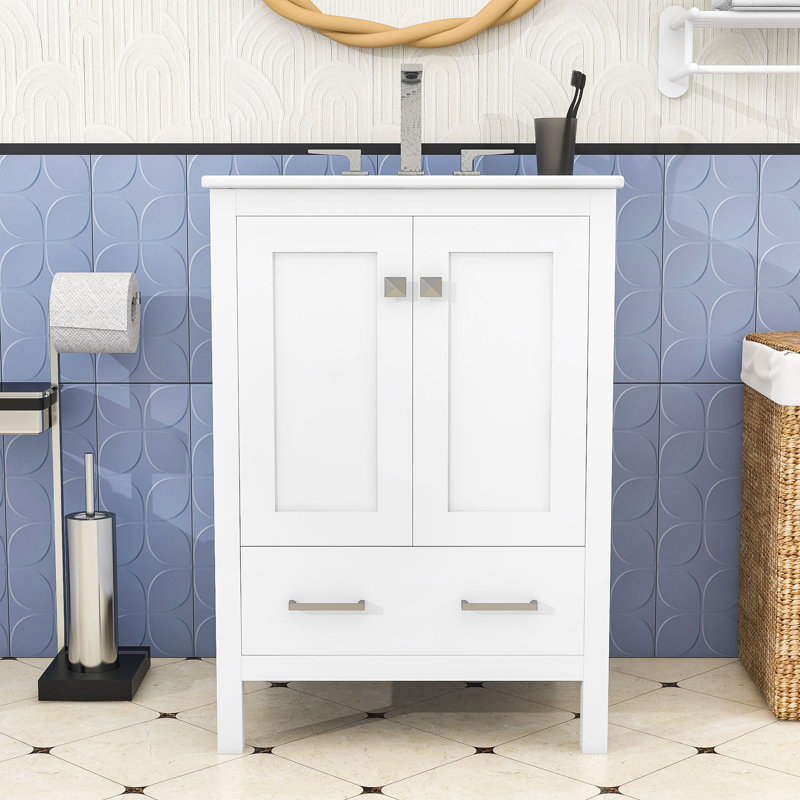 Meuble-lavabo compact compact de 24 pouces avec lavabo durable et grand espace de rangement, Blanc