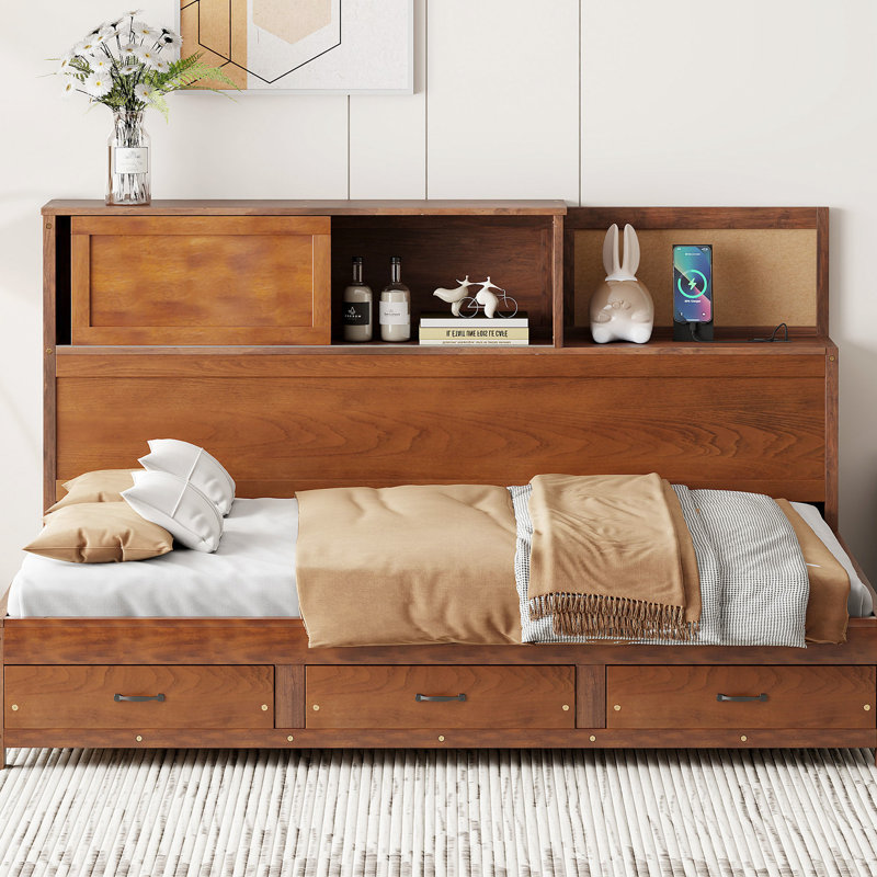 Full Size Wooden Daybed Of Walnut Tint With 3 Storage Drawers, Soft Board And Integrated Outlets For Tech - Enabled Relaxation In Shade Upper Shelf Charging A Cozy Retreat