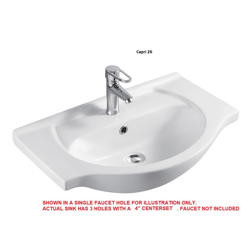 Capri 26" Wall-Hung Ceramic Top In White, 4" Centers