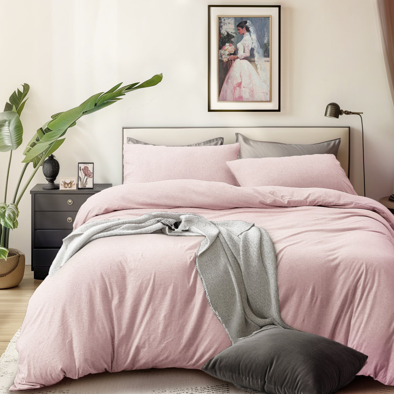 HOME BEDDING Jersey Cotton Duvet Cover Set, Queen Duvet Cover + 2 Standard Shams, Pink