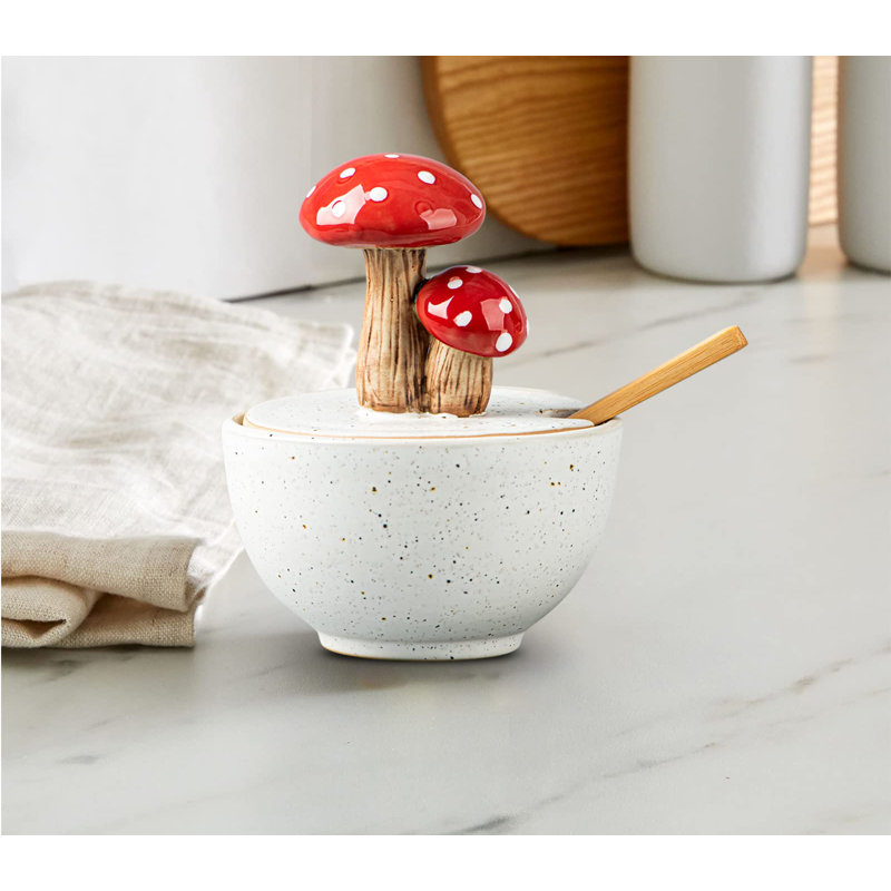 Salière champignon avec couvercle Boîte à sel en céramique Bol à sel blanc Bac à sel avec couvercle Cochon de sel avec cuillère en bambou