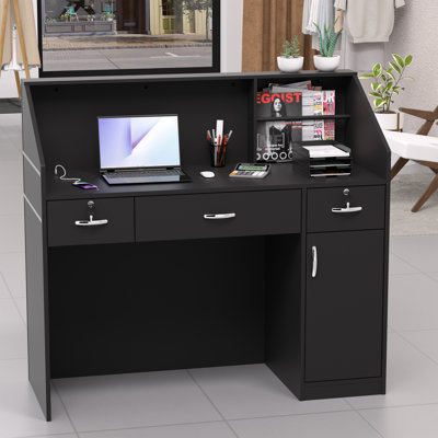 Reception Desk With Counter, Modern Front Table Equipped Lockers & Storage Shelves, 48-inch Checkout Counter With Diy Stripe For Lobbies, Salons, Retail, Home Offices, Reception Room