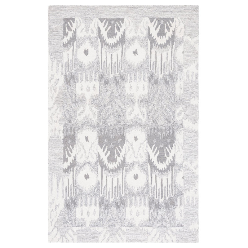 Ikat Hand Tufted Wool/Cotton Ikat Rug in Light Gray/Ivory, Rectangle 3' x 5'