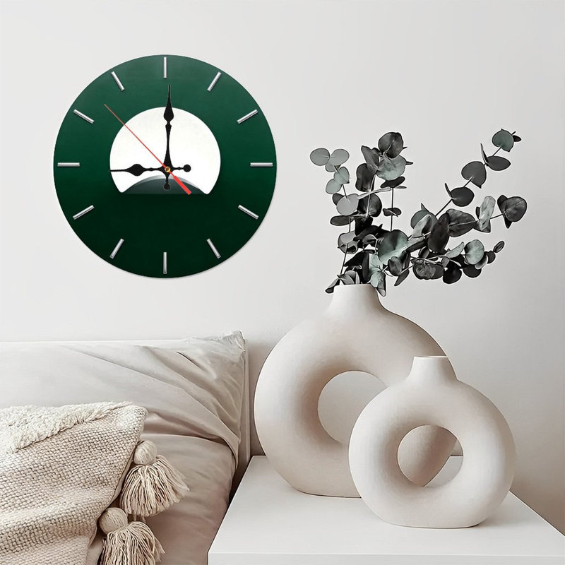 Horloge murale ronde en bois 10 po, mouvement à quartz silencieux, imprimé UV, à piles, Vert foncé