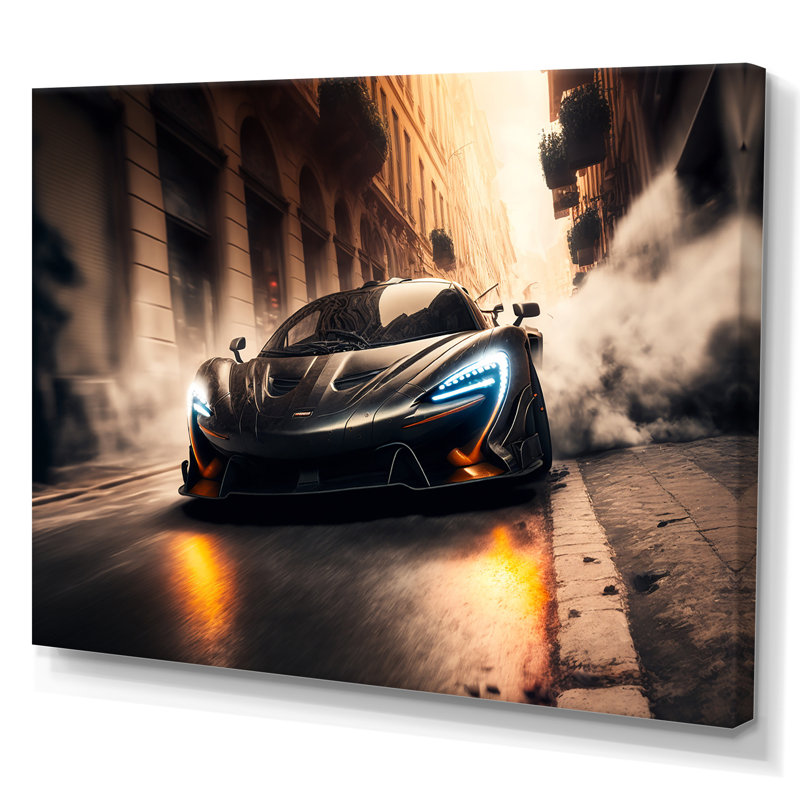 Black McClaren Sports Car Racing In Italian Street - Cars Race Car Canvas Art, 30" H x 40" W x 1.5" D, Wrapped Canvas