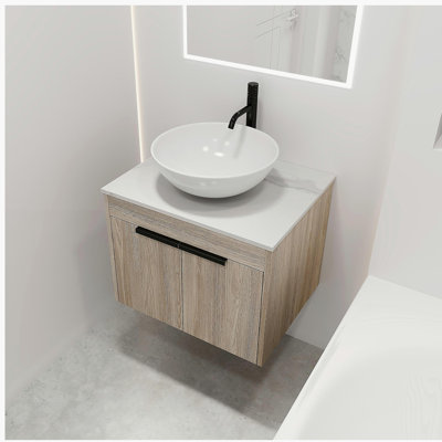 24-Inch Design Floating Bathroom Dressing Table with Ceramic Basin Set, Wall-Mounted White Oak Dressing Table with Door
