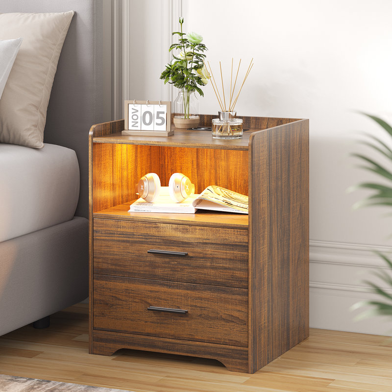 17.7"2-Drawers Modern Nightstand With 20-Color RGB Lighting and Motion Sensor, Brown