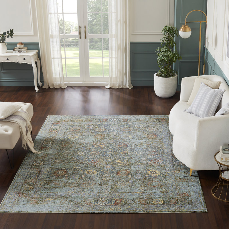 Wallburg Steel Blue Paisley Floral Area Rug, Rectangle 9'6" x 13'
