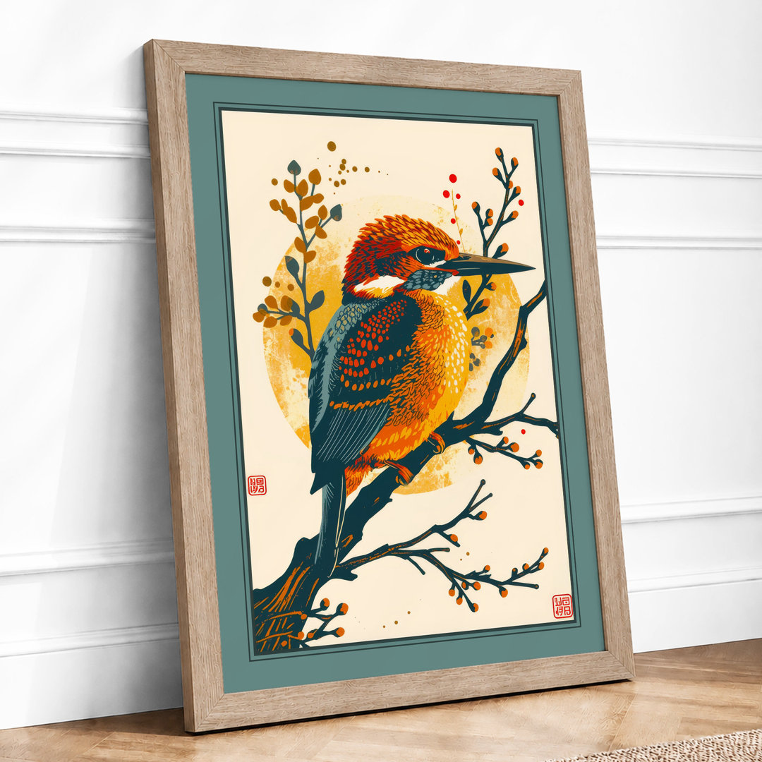 Kingfisher Among Branches Japandi - Framed Print