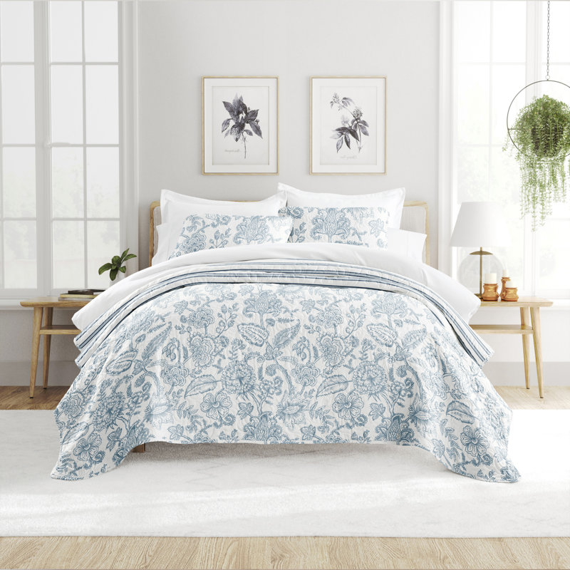 Becky Cameron Dusk Blue Floral Stripe Reversible Quilt Set, Twin Quilt + 1 Standard Sham
