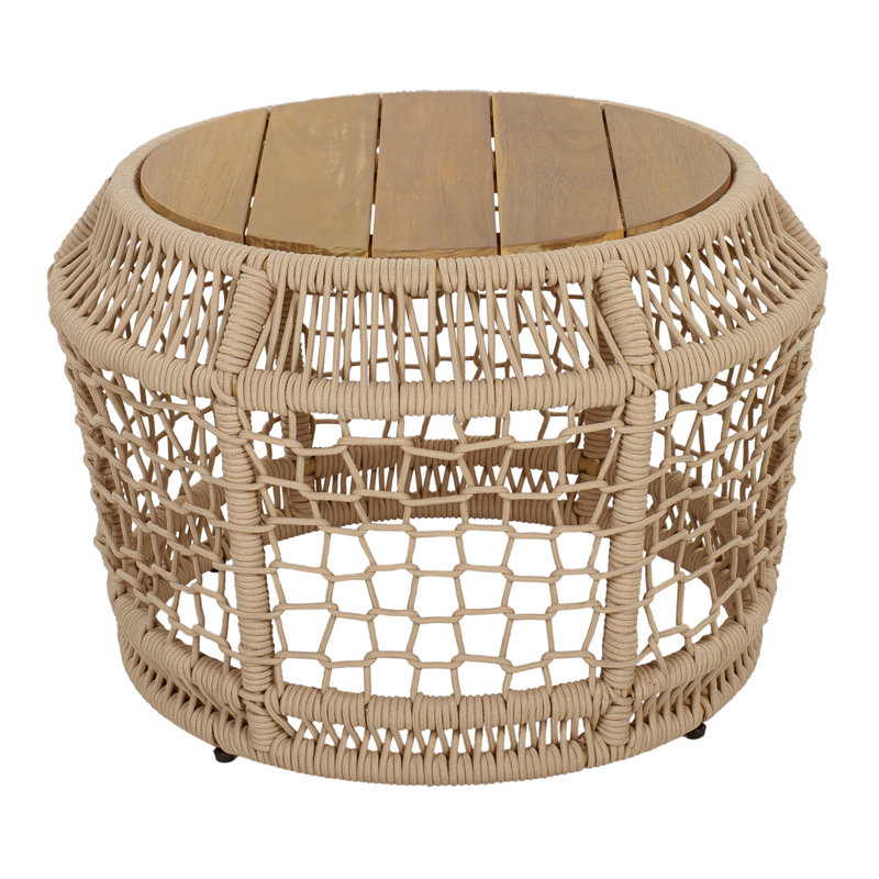 Anika Modern Coastal  Weather-Resistant  Round Acacia Wood Side Table with Woven Rope Base, Natural Top/Light Beige Base