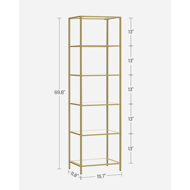 Bibliothèque en verre trempé, tablettes de rangement à cadre en acier, or métallique