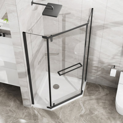 Porte de douche néo-angle sans cadre H 36 po x l 36 po x H 72 po avec porte pivotante en verre trempé clair