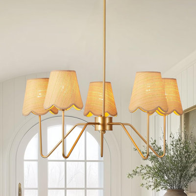 28-Inch Modern Rattan Chandelier With Flower Shades, 5-Light Antique Brass Pendant Light Fixture For Dining Room, Kitchen Island, Foyer
