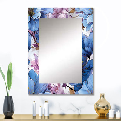 Motif floral bleu et mauve mystique Aura - miroir floral, miroir mural décoratif de campagne, art en métal imprimé
