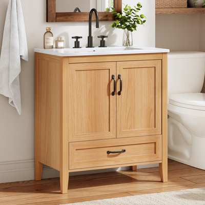 Meuble-lavabo en grain de bois naturel avec comptoir en céramique, pieds en bois massif, portes doubles et tiroir inférieur à fermeture en douceur, tablette intérieure réglable, organisateurs de porte
