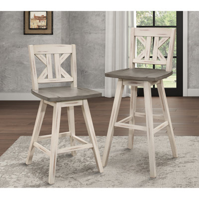 Chaises à hauteur de comptoir (paire), gris blanc, bois d'hévéa massif, aspect de salle à manger rustique, pivotant à 360 degrés, divisées, capacité de poids de 250 lb, 2 chaises pivotantes et mobilier rotatif, 250 lb