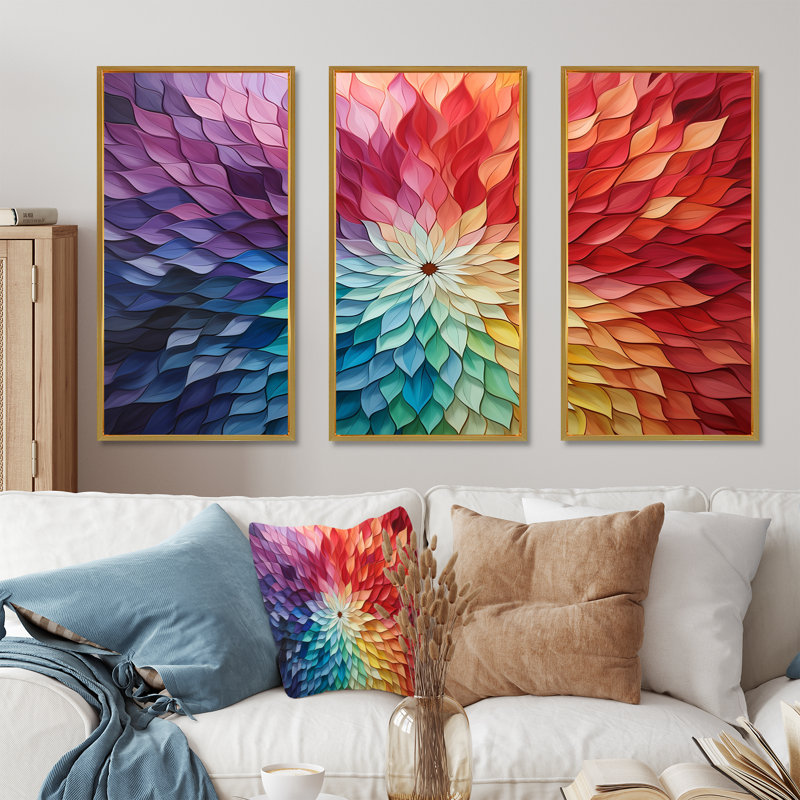 Multicolor Op Art Symmetometric Illusions - ensemble d'art mural Op, Cadre flottant doré, H 32 po x l 48 po x P 1 po