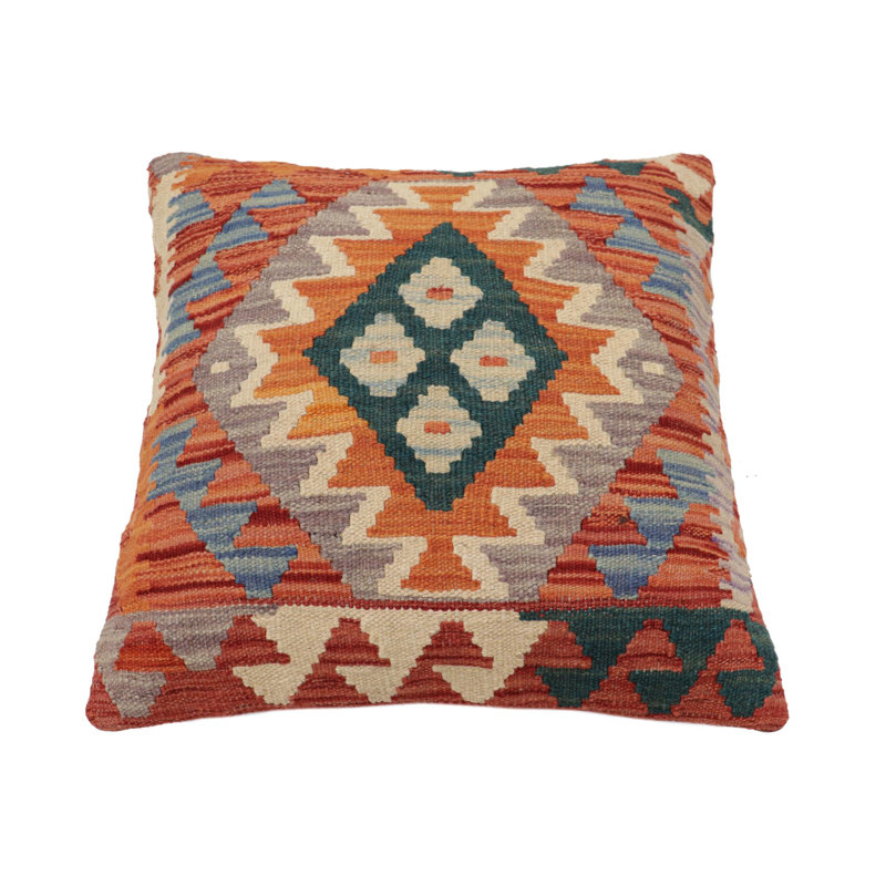 Coussin rustique Kilim, H 20 po x l 20 po, Vert / orange / beige