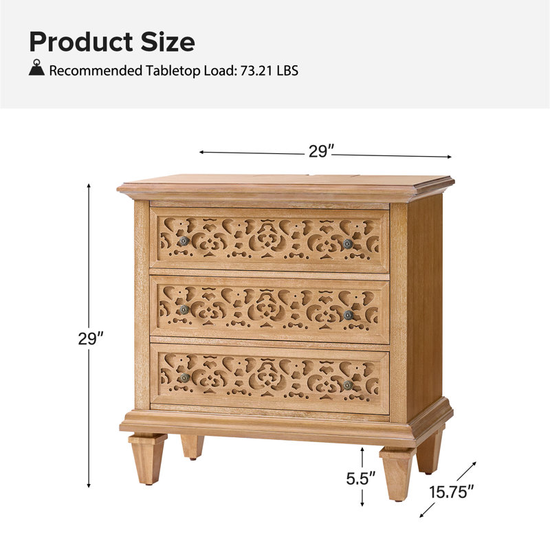 Talona 29'' W Transitional Carved 3 - Drawer End Table with Built-In Outlets and Solid Wood Legs, Natural