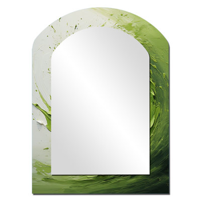 «Green and White Whsipering Abstract Spiral II» - grand miroir mural asymétrique à spirales abstraites, miroir décoratif à arche verte, impression sur métal