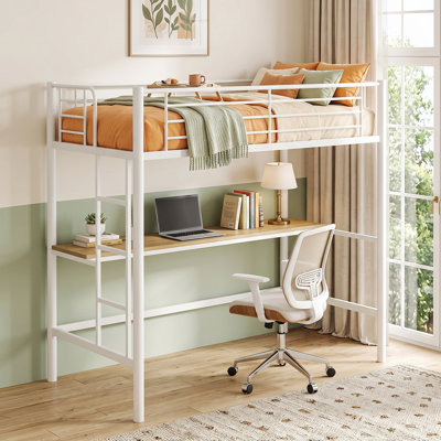 Lit mezzanine simple blanc avec bureau, cadre de lit superposé en métal robuste avec poste de travail intégré, lit mezzanine pour enfants, adolescents, dortoir universitaire, petits appartements, lit plateforme industriel moderne