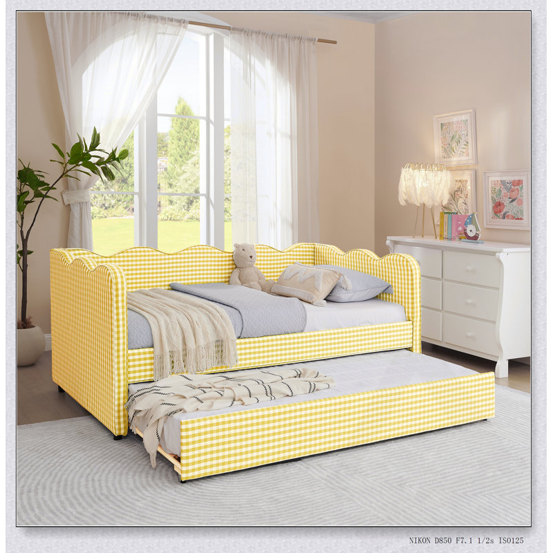 Lit de jour en vichy douillet avec canapé-lit gigogne, port USB et forme de vague adorable, Yellow