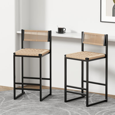 Set Of 2 Woven Bar Stools With Backrest Paper Rope Weave Dining Chairs For Kitchen Island (Style B Black)
