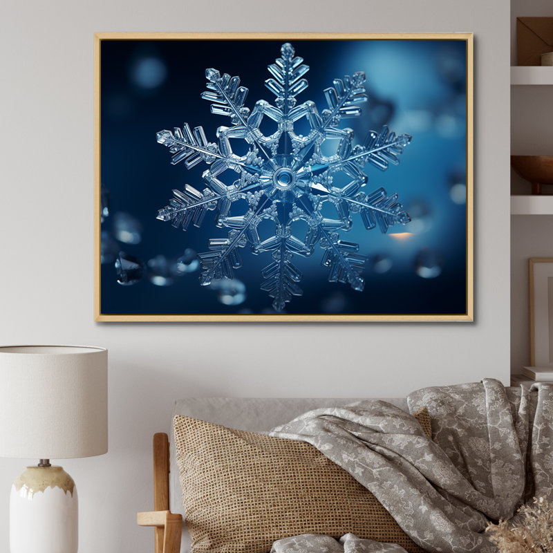 «Blue Snowflake Holiday I - Winter Landscape», art mural, Cadre flottant brun, H 16 po x l 32 po x P 1 po